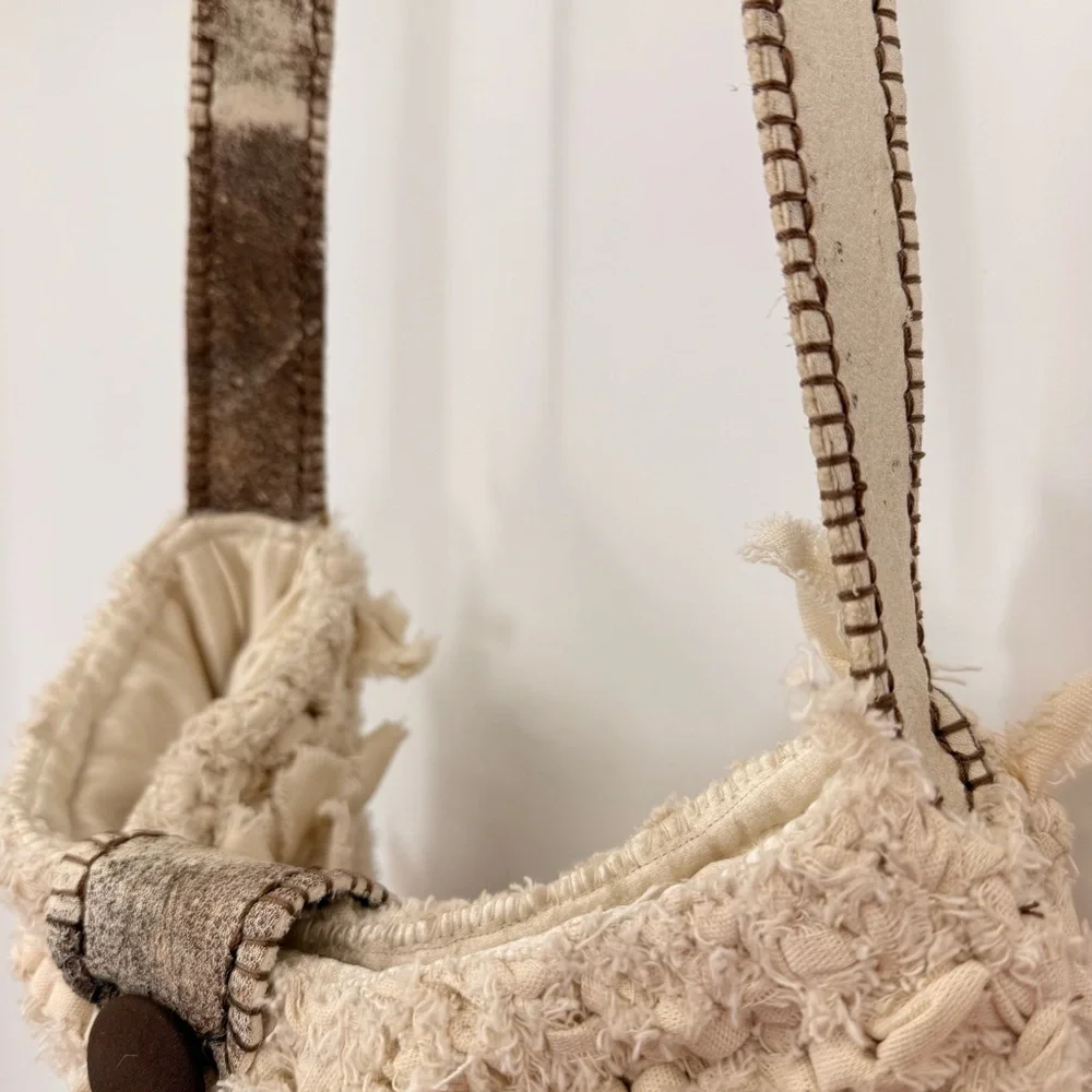 Handmade Boho Crochet Crossbody Bag Leather Trim‎ Satin Lined Neutral Rustic - Picture 6 of 15